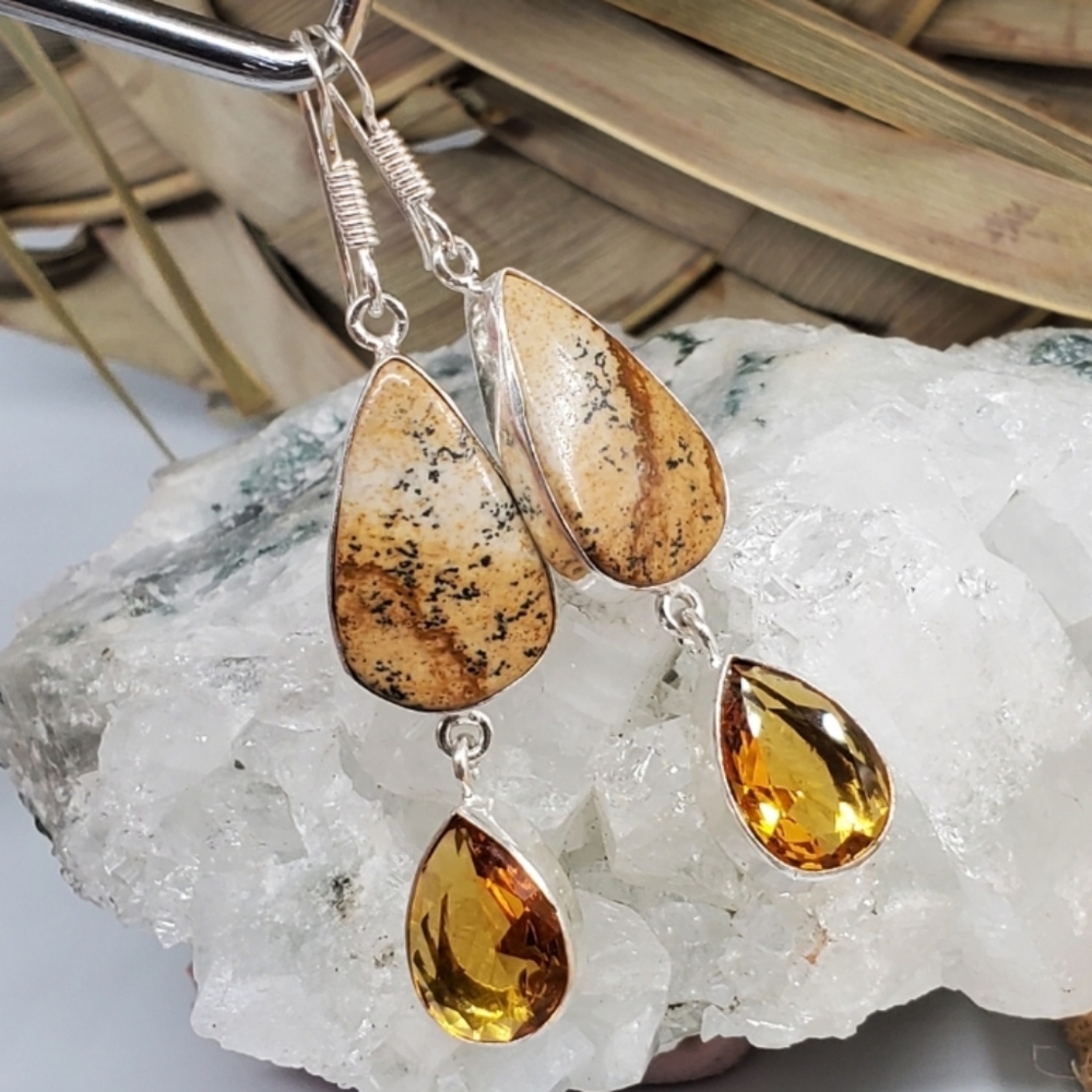 Natural Desert Jasper Lemon Quartz White Rhodium/925 Silver Earrings Boho Jewelr